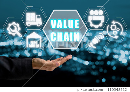 Value chain concept, Business woman hand holding value chain icon on virtual screen. 110348212