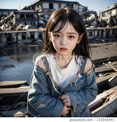一個5歲女孩站在被毀壞的小鎮AI圖像AI照片 110348443