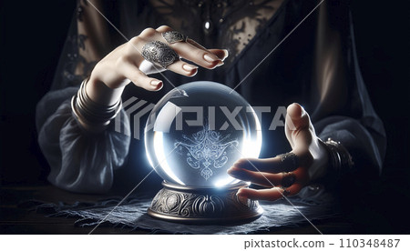 A woman's hand telling fortunes with a crystal ball. Image of a fortune teller. AI images. 110348487