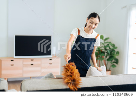 Young Woman happy to house and cleaning sofa at Livingroom on weekend. cleaning concept 110348609