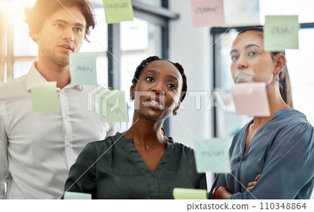 Teamwork collaboration, planning strategy ideas and marketing solution in information meeting, vision and glass wall in creative agency. Diversity business people, thinking and working schedule notes 110348864