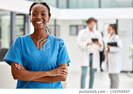 Nurse, healthcare and medicine with a woman working in healthcare for health, wellness or insurance in a hospital. Portrait of a female medical student or professional standing arms crossed inside 110348887