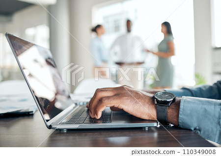 Hands typing, research and working business man on a work laptop busy with marketing data. Online planning, digital web search and internet browsing black male marketer writing email indoors on tech. Hands typing, research and working business man on a work laptop busy with marketing data. Online planning, digital web search and internet browsing black male marketer writing email indoors on tech. 110349008