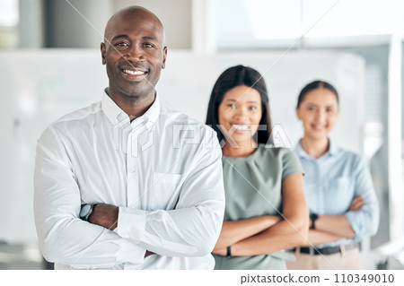 Business leadership, black man and ceo director leading teamwork collaboration with vision, success and motivation in company. Portrait of african executive manager, happy entrepreneur and smile boss 110349010