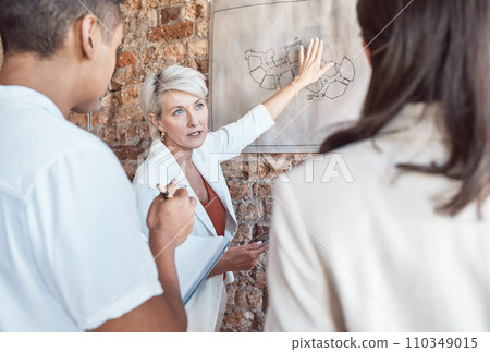 Architect manager presentation with architecture floor plan idea or strategy communication to engineer workers. Leadership, training and designer coach or boss with industry sketch illustration model 110349015