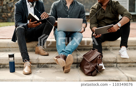 Casual guys, young men or students, outdoors on business, education or college campus talking and discussing ideas during break. Creative team has an informal meeting for inspiration and innovation Casual guys, young men or students, outdoors on business, education or college campus talking and discussing ideas during break. Creative team has an informal meeting for inspiration and innovation 110349076