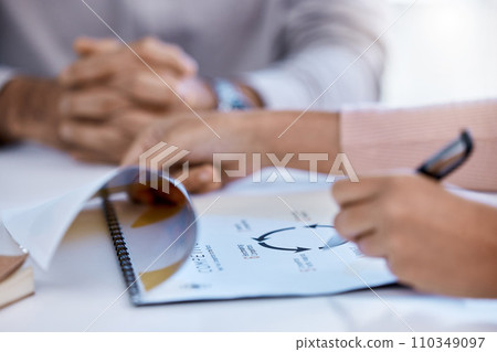 Corporate, business hands and analytics in company development and documents, form or plan at the office. Employee or workers at hand together in paperwork for work goal structure, chart and cycle. 110349097