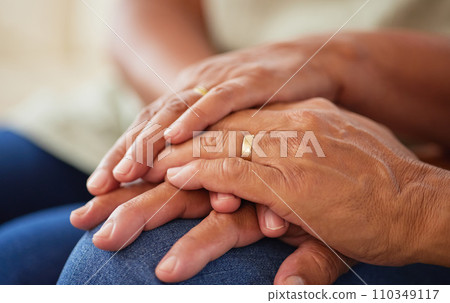 Couple holding hands for support and love, gratitude for help and support and kindness in retirement in home. Elderly friends or senior people with respect, community and hope in marriage 110349117