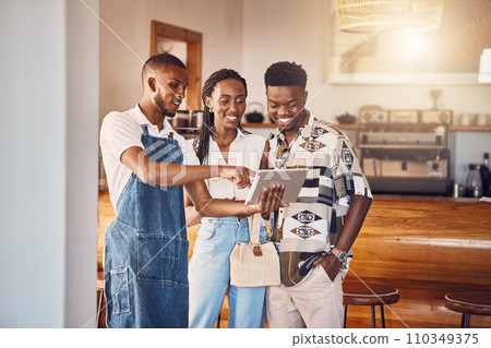 Restaurant owner working on digital tablet to plan and discuss business budget with investors. Startup business, entrepreneur and man leader showing happy customers the food menu on technology. Restaurant owner working on digital tablet to plan and discuss business budget with investors. Startup business, entrepreneur and man leader showing happy customers the food menu on technology. 110349375