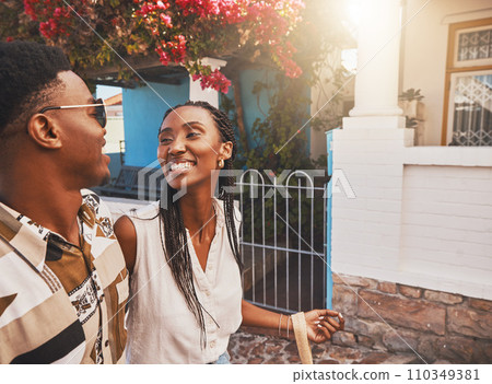Travel couple walking in city street, happy on holiday vacation together and smile on tourist journey in summer. African man and woman on tourism date and young black people in love on honeymoon trip 110349381