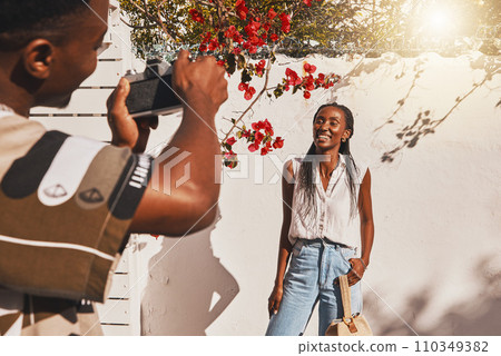 Photographer, portrait and happy model woman in summer clothes for a creative fashion shoot outdoors. Influencer, freelancer and entrepreneur in professional photography taking social media content 110349382