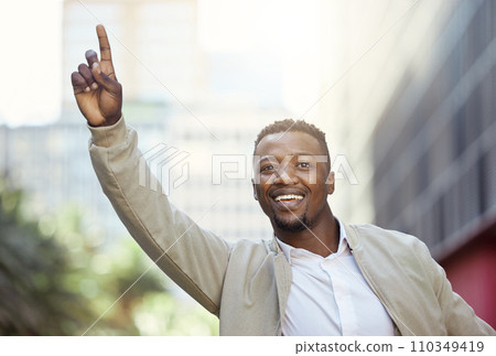 Businessman, travel and call taxi driver in traffic in the morning work, transportation to an airport to catch a flight. Young man in an urban city, on the road and catching transport or car ride 110349419