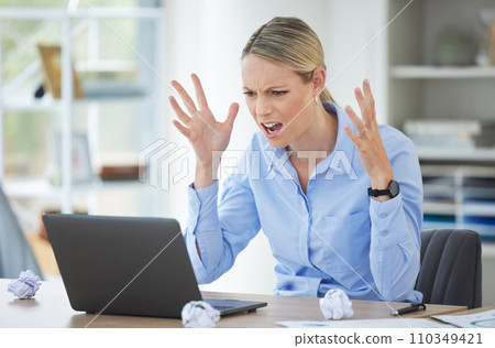 Burnout, fail and angry corporate employee with laptop stress, review and frustrated in marketing or advertising office. Accounting, compliance and doubt with worker in finance business office 110349421