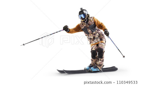 Skis. Skiing Man in action. Skiing sport. In action. Side view. Sportsman in a ski suit. Driving at high speed. Sport. Isolated 110349533