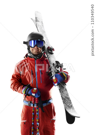 Skis. Portrait of a skier. Close-up. Sportsman in a red ski suit. Skiing sport. Sport. Isolated Skis. Portrait of a skier. Close-up. Sportsman in a red ski suit. Skiing sport. Sport. Isolated 110349540