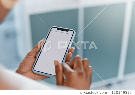 Phone, mock up and search space for b2b marketing, company website or kpi data. Zoom on business woman or office worker building startup logo brand, contact us crm mockup or digital social media app 110349553