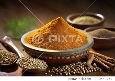 Spices and berries on a wooden table (AI generated image) Spices and berries on a wooden table (AI generated image) 110349739