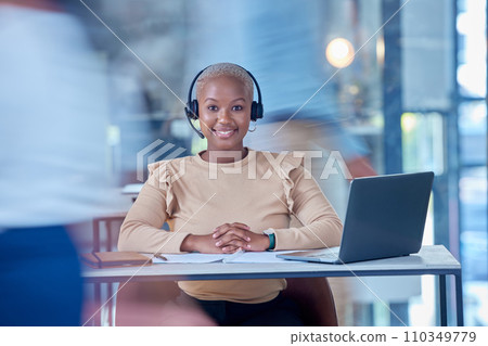 Call center worker, business administration sales consultant and black woman networking, contact and consulting for crm telemarketing in busy office. Portrait of happy customer service communication 110349779