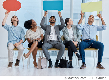 Social media, speech bubble and mockup space with people in a line for an interview with human resources. Contact us and we are hiring advertising or marketing campaign with a group of young staff 110350044