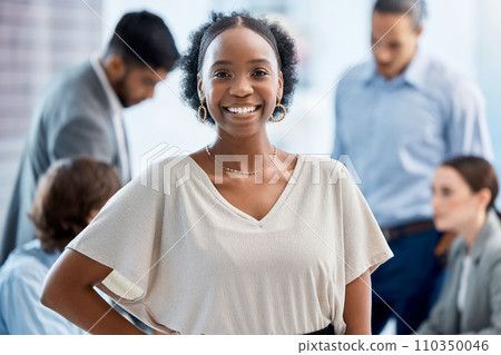Happy portrait, smile and business woman with new job opportunity in creative office with team diversity and global men or women. Marketing agent working in startup company with motivation and vision 110350046