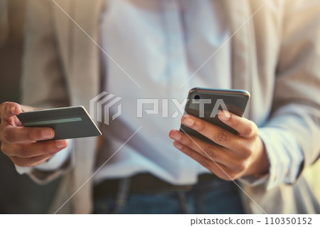 Credit card, money and phone banking with a woman doing online shopping or investment. Mobile, fintech and hands buying or payment or trading on stock market or finance and working on tech 110350152