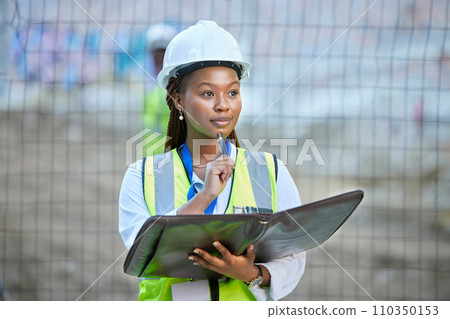 Construction worker, maintenance and development woman thinking with documents at work. Building management employee with a vision for improvement or plan for contractor or builder at the job site. Construction worker, maintenance and development woman thinking with documents at work. Building management employee with a vision for improvement or plan for contractor or builder at the job site. 110350153
