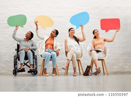 Diversity, collaboration or social media speech bubbles of women community news thinking in digital advertising office space. Communication, review or vote mockup of friends with disabled woman 110350397