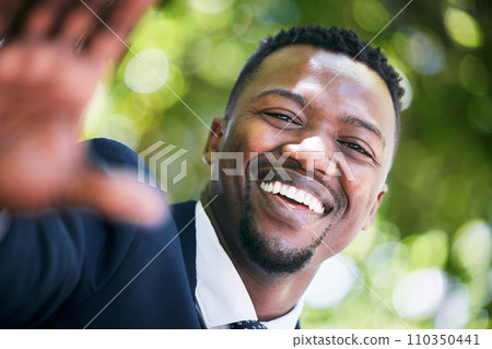 Portrait smile of a happy businessman in the city during summer smiling and looking happy on a sunny day. African american male entrepreneur with happiness on his face because of success in work 110350441