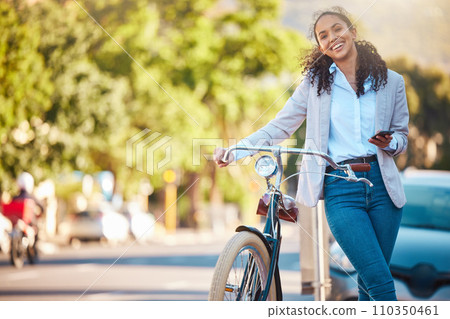 Eco friendly, worker travel and bike break outside in city. Business woman commuting with bicycle to reduce carbon footprint. Sustainability person traveling with green mindset and responsibility. 110350461