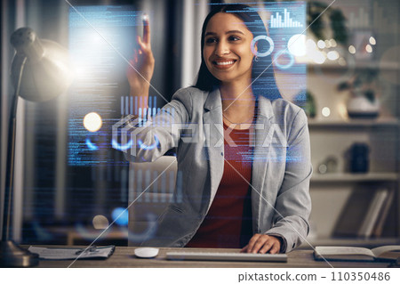 Digital IT technician or software developer coding user interface or UX program code on cgi 3D screen. Futuristic javascript SSL language with genius female engineer reading security information 110350486