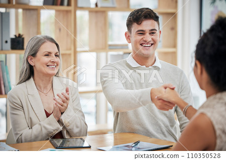 Happy business people shaking hands, meeting and greeting in an office. Happy professional talking to his boss about a promotion or job. Hr congratulating ambitious employee, clapping and celebrating Happy business people shaking hands, meeting and greeting in an office. Happy professional talking to his boss about a promotion or job. Hr congratulating ambitious employee, clapping and celebrating 110350528