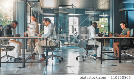 Coworking space, office and sharing desk in corporate workplace. Diversity, efficiency and modern working environment for inclusive company. Start up and motion blur of fast and busy employees 110350565