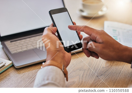 Closeup of people working on phone and laptop with blank screen and copy space in an office. Couple browsing on social media or internet in coffee shop. People typing corporate email on technology. 110350588
