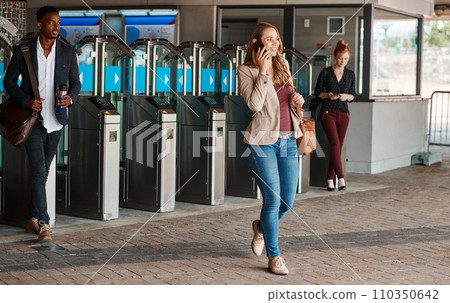 Business woman talking on phone call, commuting on training or bus and walking in urban city. Happy person with smile making conversation, calling a taxi cab and connecting with people online in town 110350642