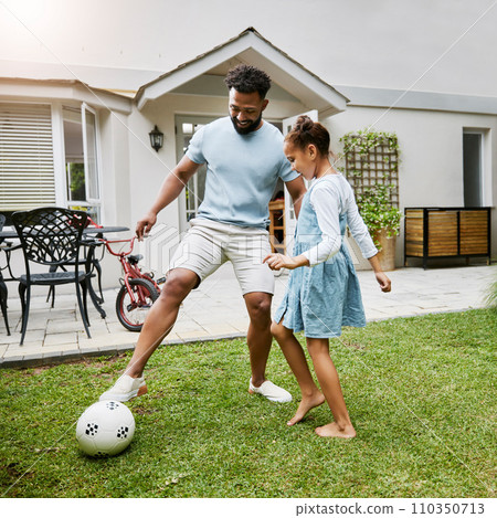 Father and daughter bonding, playing with soccer ball in backyard at home, smiling and having fun. Happy parent being playful and enjoying family time with his child. Guy being active with his kid Father and daughter bonding, playing with soccer ball in backyard at home, smiling and having fun. Happy parent being playful and enjoying family time with his child. Guy being active with his kid 110350713