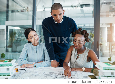 Architect, engineering blueprint and industrial designer working on building design, sketch plan and construction project. Diverse team of creative people in collaboration for property development Architect, engineering blueprint and industrial designer working on building design, sketch plan and construction project. Diverse team of creative people in collaboration for property development 110350783