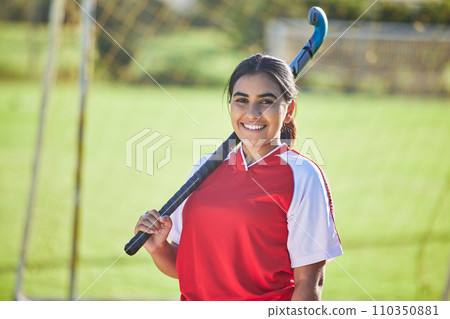 Happy female hockey coach portrait, womens team sport player with natural field background outdoors alone. Confident athlete training for competition, motivation fitness and collaboration exercise. 110350881