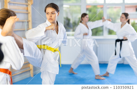 Females in kimono practicing fighting moves Females in kimono practicing fighting moves 110350921