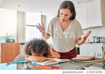 Autism, frustrated and bad mental health behavior by child and frustrated mother during homework. Annoyed, abuse parent angry with crying child suffering from ADHD and hiding, afraid and depressed 110351050