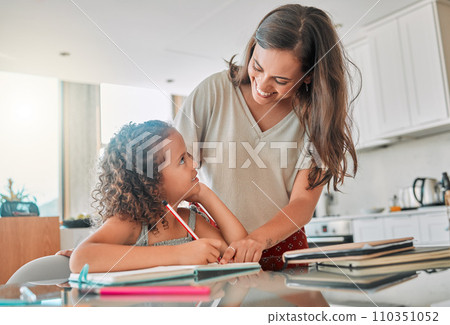 Homeschool, learning and bonding with a mother and daughter doing homework in the kitchen at home. Happy parent helping her child with a school task, smiling, talking and enjoying time together Homeschool, learning and bonding with a mother and daughter doing homework in the kitchen at home. Happy parent helping her child with a school task, smiling, talking and enjoying time together 110351052