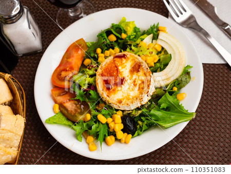 Appetizing salad with goat cheese, tomatoes and walnuts on plate 110351083