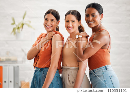 Band aid, vaccine and injection for covid, flu or pandemic virus to protect from disease, sickness or illness. Portrait of diverse creative business women group showing, endorsing or supporting cure Band aid, vaccine and injection for covid, flu or pandemic virus to protect from disease, sickness or illness. Portrait of diverse creative business women group showing, endorsing or supporting cure 110351191