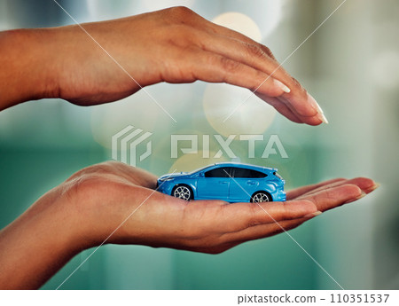 . Car, insurance and hands for transport mockup, investment or loan with bokeh background. Invest, travel and market advertising for product and marketing for retail, sale and finance. 110351537