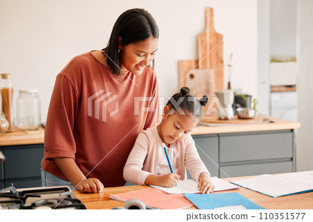 Home school, education and learning child while teaching mother watches daughter draw or colour. Female parent bonding with adorable, cute or little girl while she does homework, art activity or test Home school, education and learning child while teaching mother watches daughter draw or colour. Female parent bonding with adorable, cute or little girl while she does homework, art activity or test 110351577