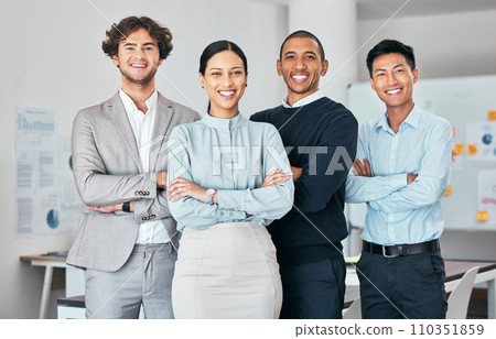 Diverse, happy and proud team of employees happy and smiling about business success at the office. Portrait of a female leader with a group of colleagues with a positive mindset for company growth Diverse, happy and proud team of employees happy and smiling about business success at the office. Portrait of a female leader with a group of colleagues with a positive mindset for company growth 110351859