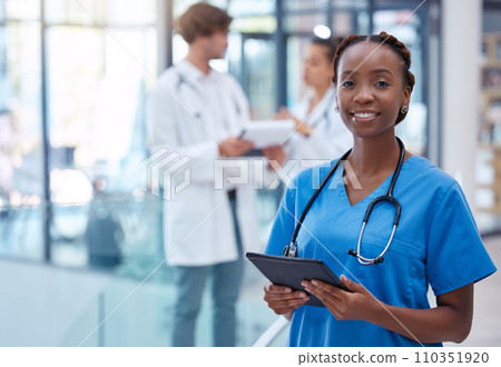 Nurse, professional and healthcare worker with tablet in medical center, clinic and hospital while analyzing test result. Portrait of frontline worker showing trust, care and knowledge about medicine 110351920