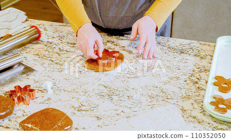 Using various festive cookie cutters, we're cutting out charming gingerbread cookies from the rolled dough on the sleek marble counter, bringing holiday cheer to the modern kitchen. 110352050