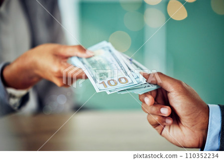 Hands, dollars and businessmen exchanging cash at a bank, making a purchase or deal. Closeup of money, investment and business doing its accounting. African entrepreneur paying for a service or loan. 110352234