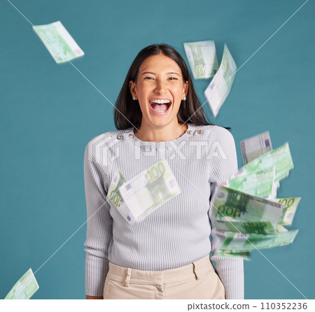 Money, cash and bonus success of a woman with wealth, business growth and financial increase looking happy and excited. Portrait of a businesswoman winning or spending her savings, profit or interest 110352236