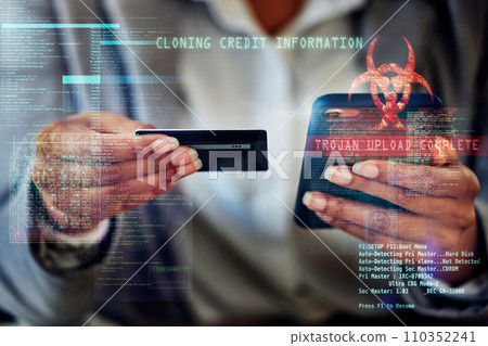 . Cyber, digital and virus of criminal fraud breaking security with trojan and cloning software. Hands of an individual with malicious intent to steal, banking and finance information for ecommerce. 110352241